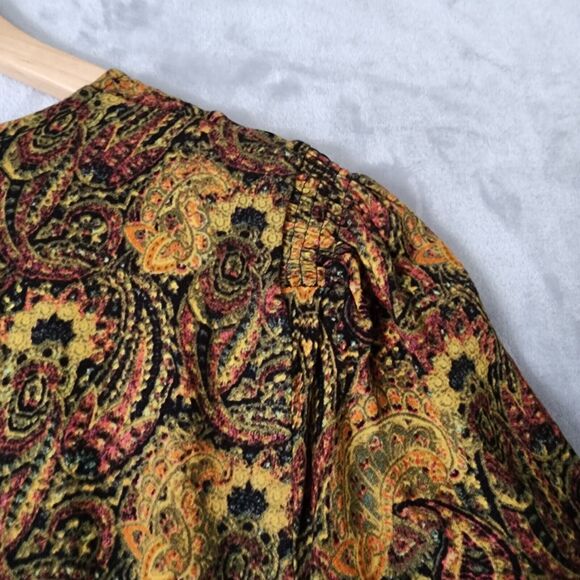 Free People Dress Womens 6 Small Olivia Midi Paisley Print Smocked Pleated Gold - Picture 3 of 11